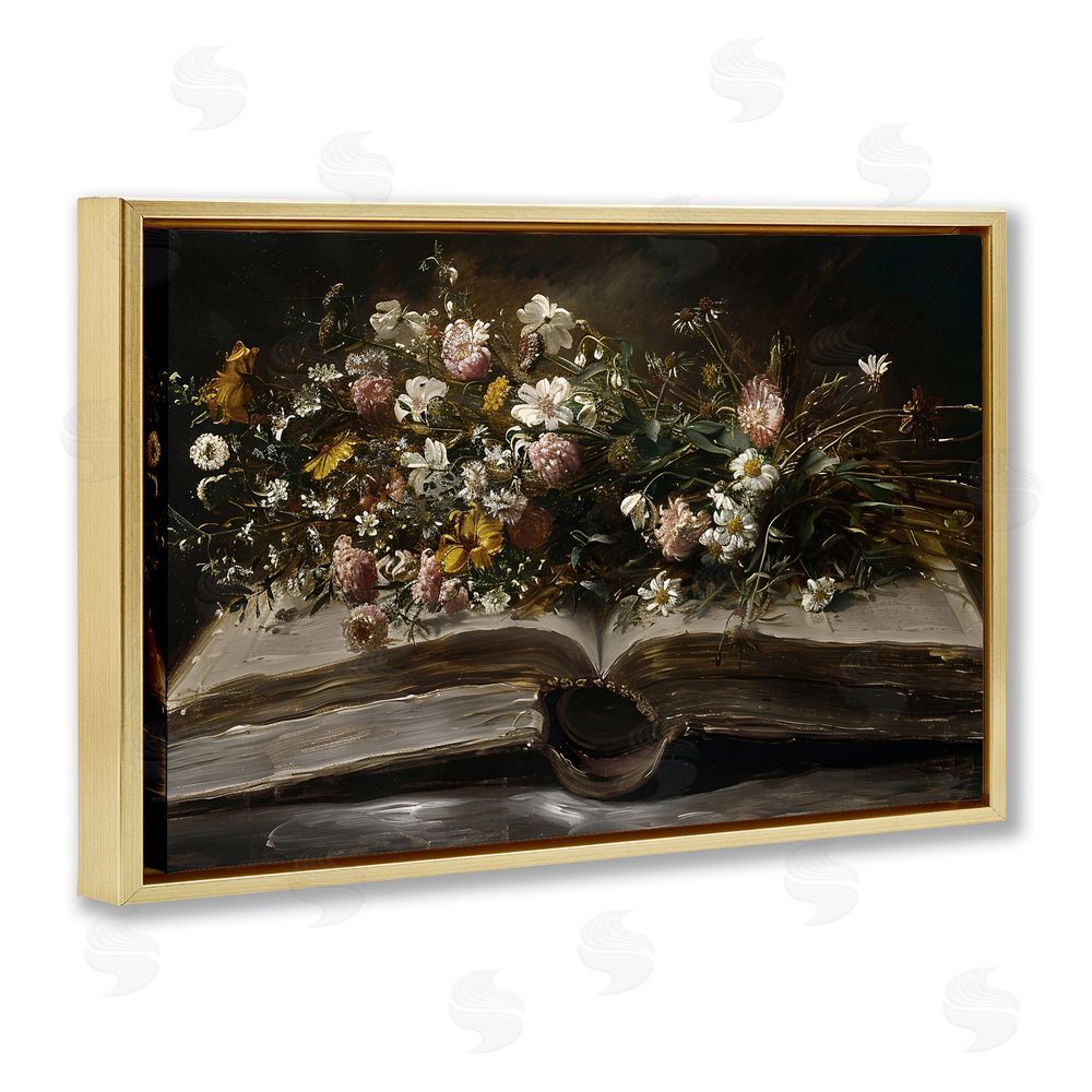Jacky Ngan Antique Floral Open Book Gold Floating Frame Canvas Wall Art Print