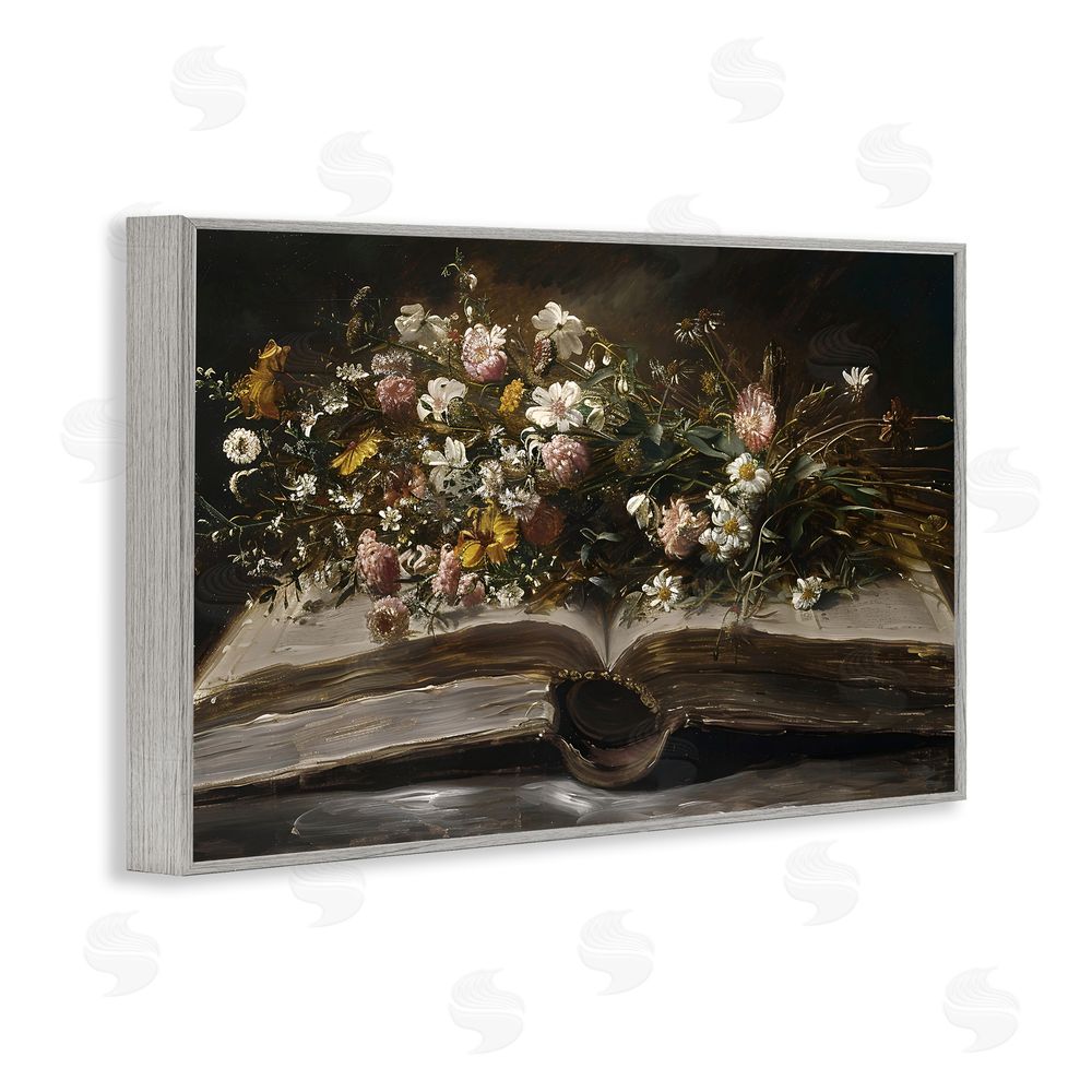 Jacky Ngan Antique Floral Open Book Gray Framed Giclee Wall Art Print
