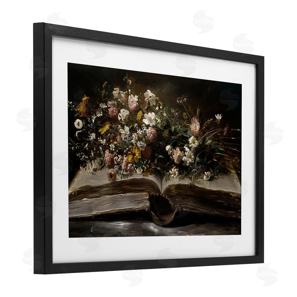 Jacky Ngan Antique Floral Open Book Black Framed Print Under Glass Wall Art