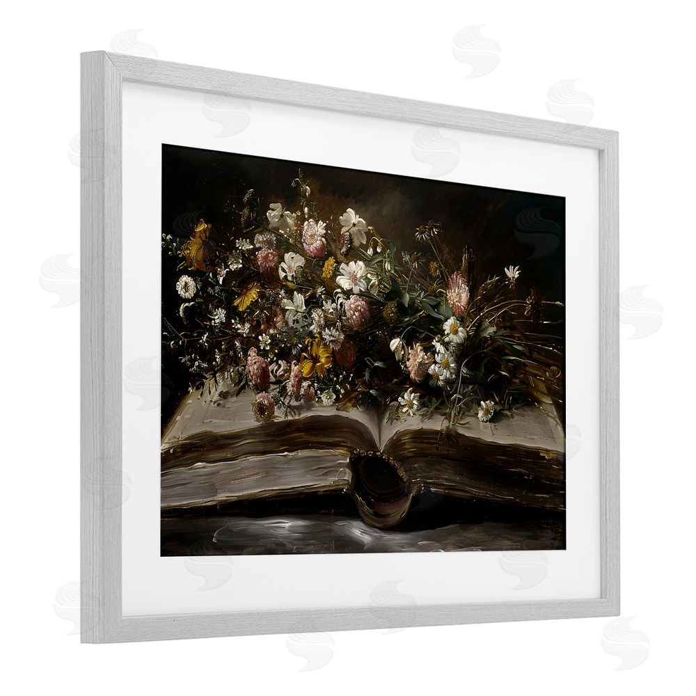Jacky Ngan Antique Floral Open Book Gray Framed Print Under Glass Wall Art