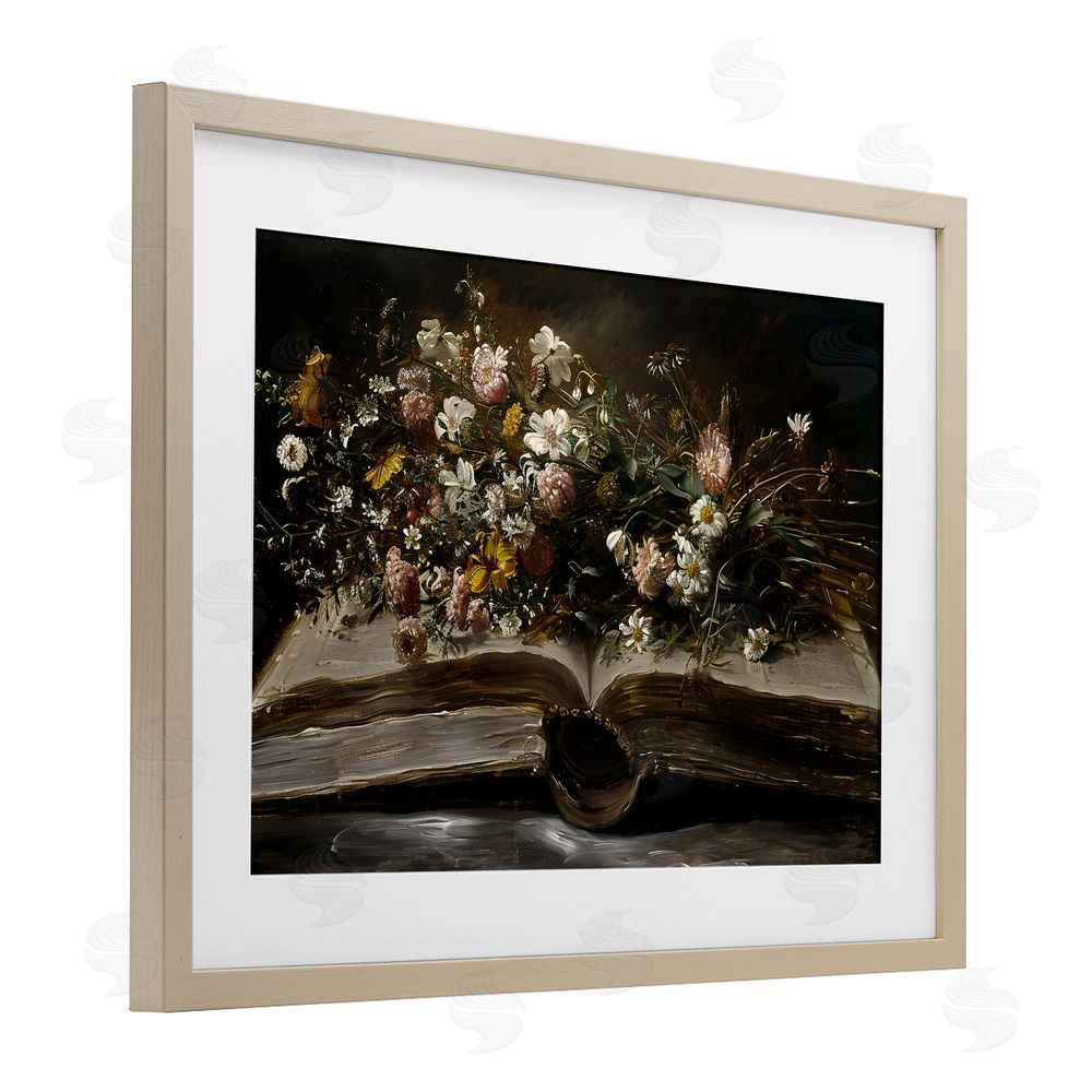 Jacky Ngan Antique Floral Open Book Brown Framed Print Under Glass Wall Art