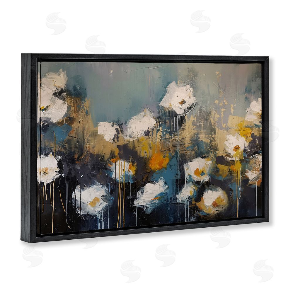 Jacky Ngan Contemporary Paint Drip Blossoms Black Floating Frame Canvas Wall Art Print