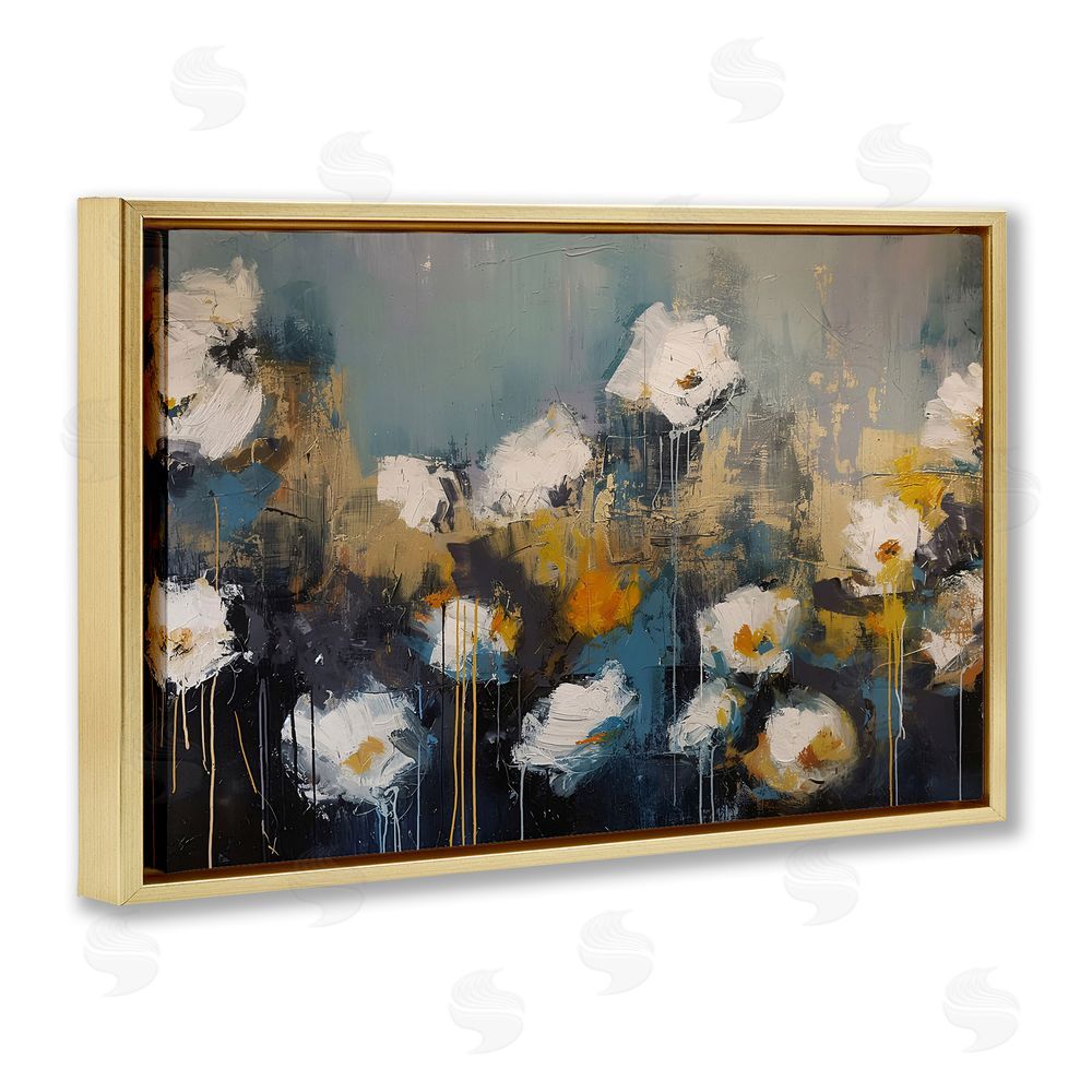 Jacky Ngan Contemporary Paint Drip Blossoms Gold Floating Frame Canvas Wall Art Print