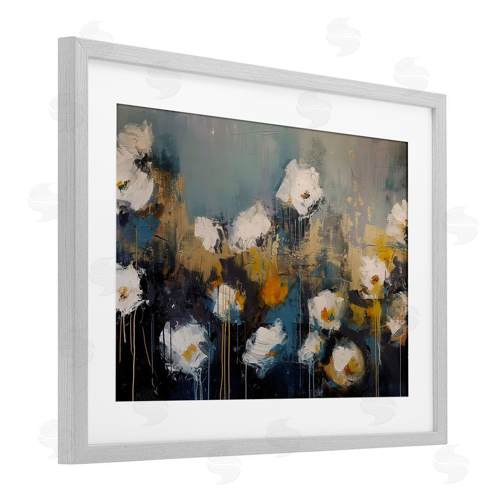 Jacky Ngan Contemporary Paint Drip Blossoms Gray Framed Print Under Glass Wall Art