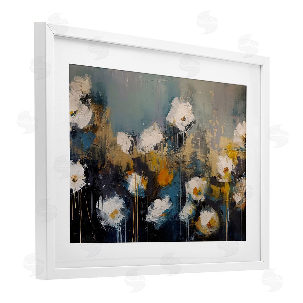 Jacky Ngan Contemporary Paint Drip Blossoms White Framed Print Under Glass Wall Art