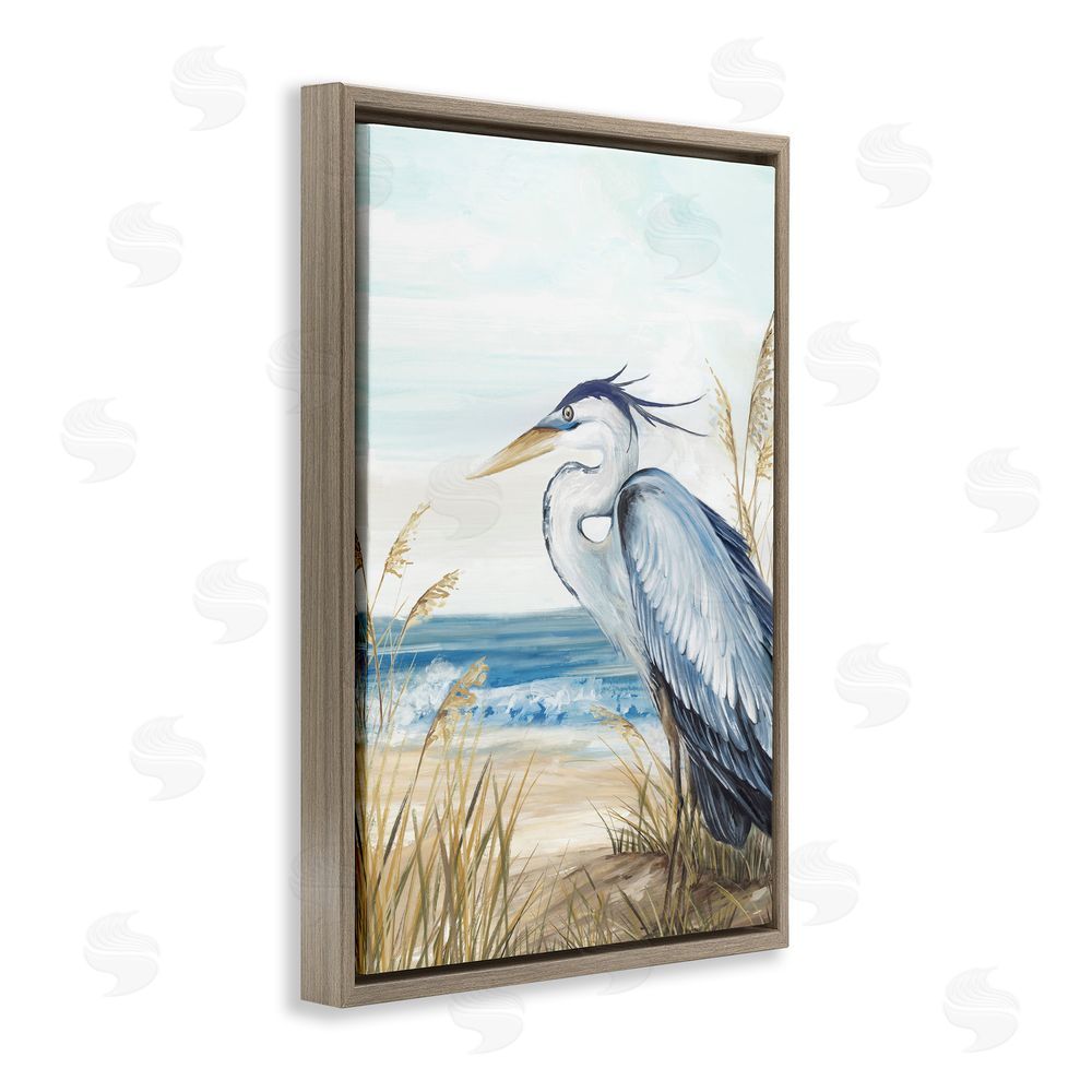 Eva Watts Serene Heron Perched At Shore Brown Floating Frame Canvas Wall Art Print