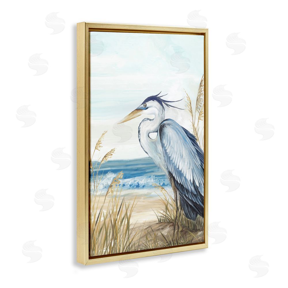 Eva Watts Serene Heron Perched At Shore Gold Floating Frame Canvas Wall Art Print