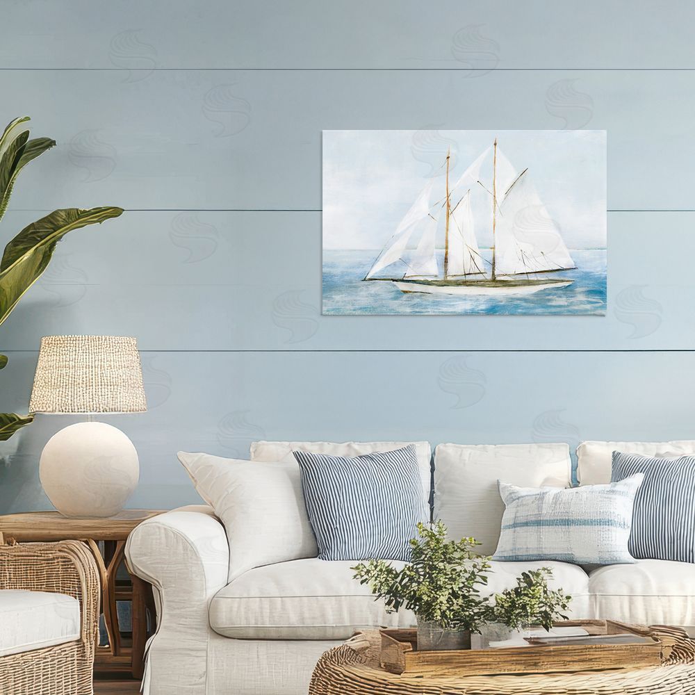 Isabelle Z Tranquil White Schooner at Sea Stretched Canvas Wall Art in Room