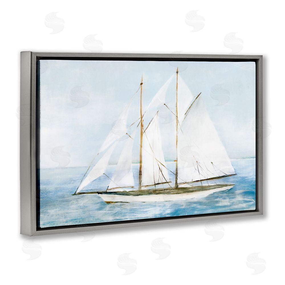 Isabelle Z Tranquil White Schooner at Sea Gray Floating Frame Canvas Wall Art Print