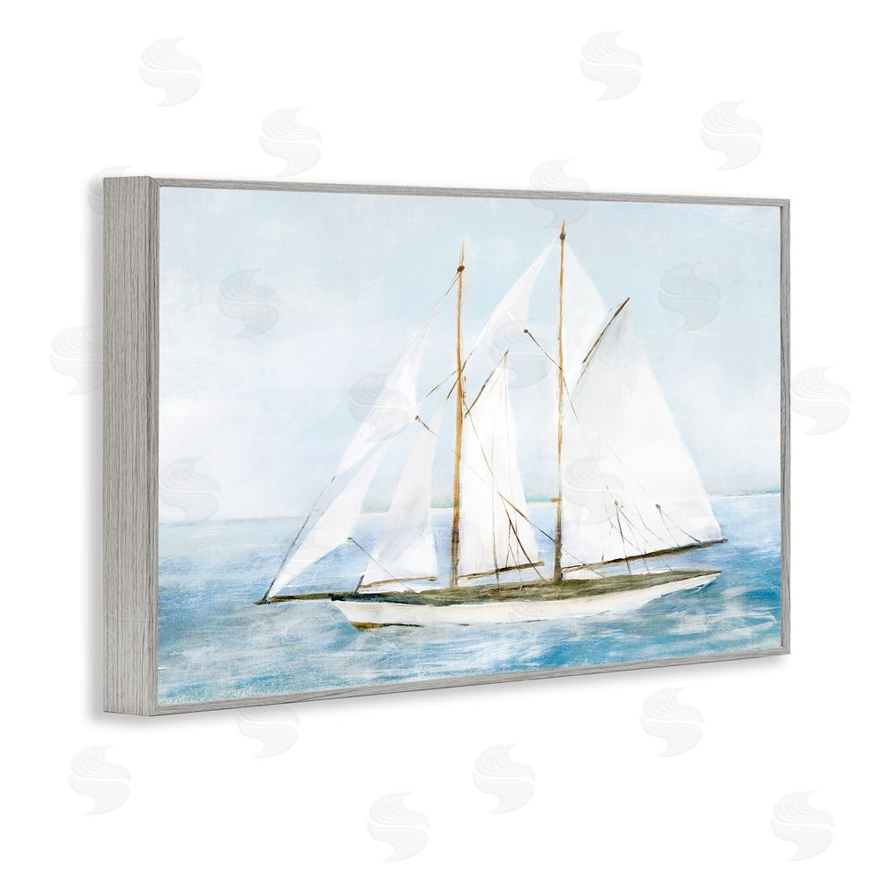 Isabelle Z Tranquil White Schooner at Sea Gray Framed Giclee Wall Art Print
