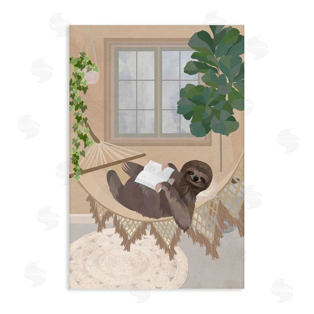1x Cozy Sloth Reading on Hammock Stretched Canvas Wall Art Print