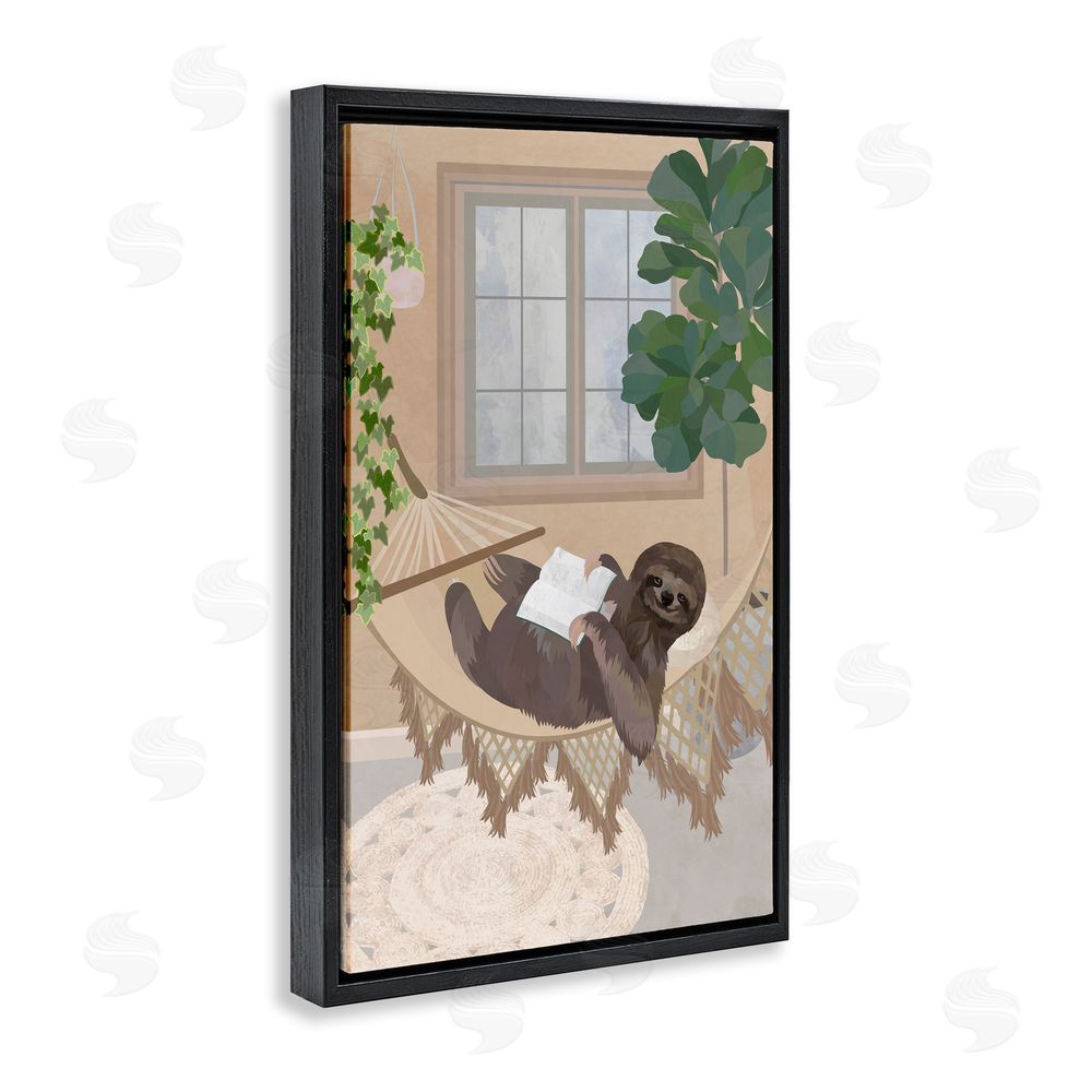 1x Cozy Sloth Reading on Hammock Black Floating Frame Canvas Wall Art Print