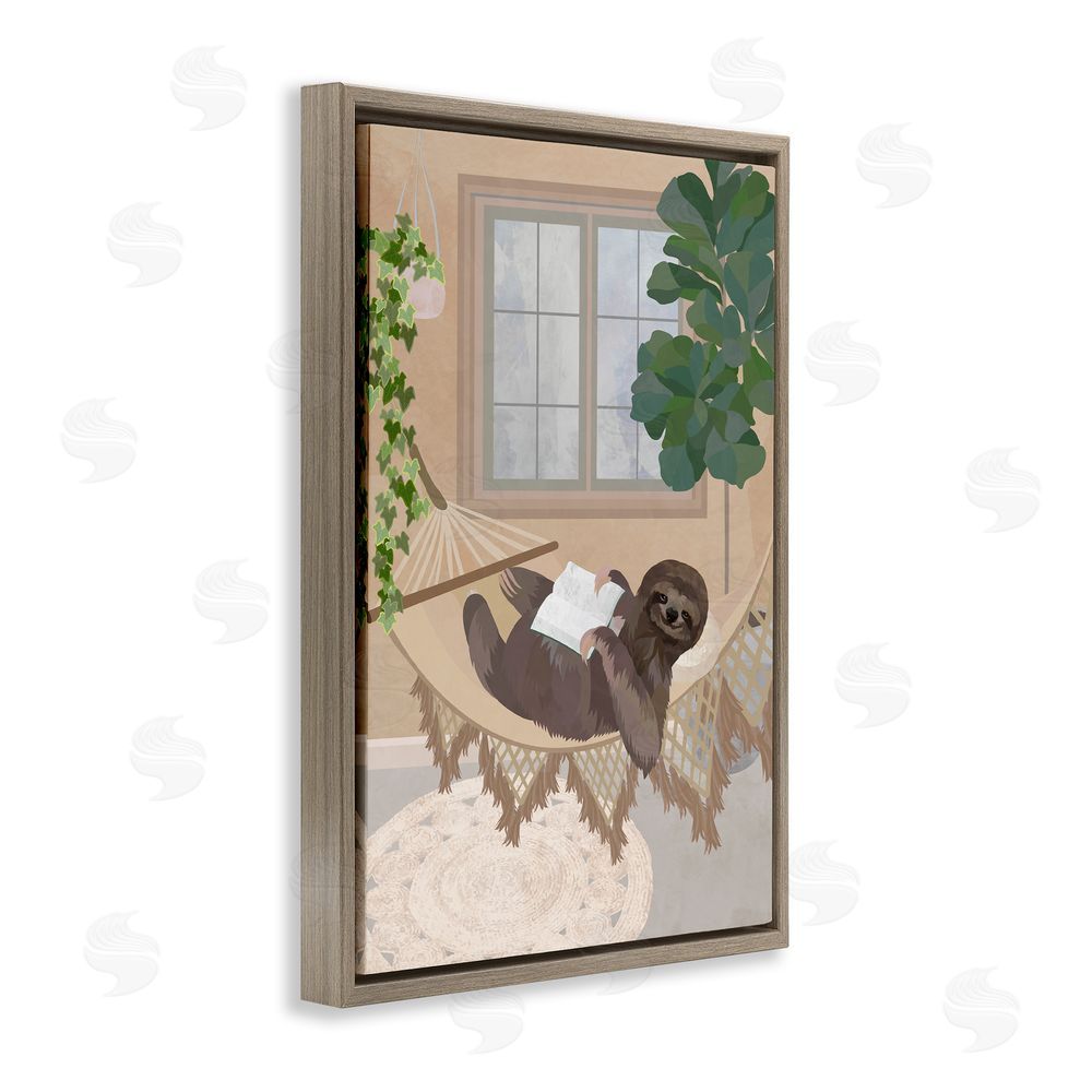 1x Cozy Sloth Reading on Hammock Brown Floating Frame Canvas Wall Art Print