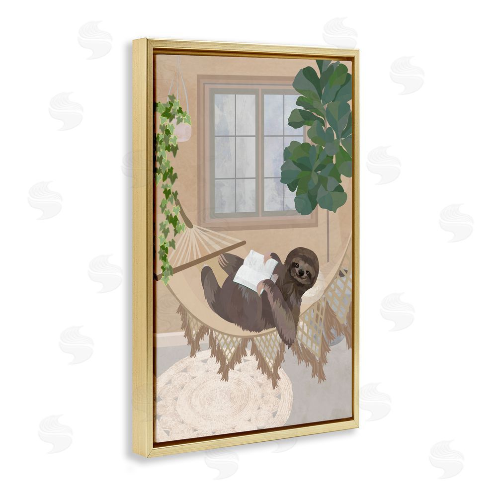 1x Cozy Sloth Reading on Hammock Gold Floating Frame Canvas Wall Art Print