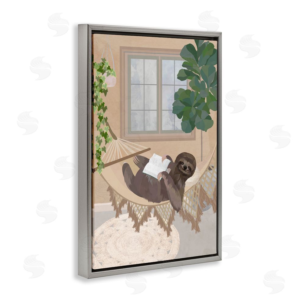 1x Cozy Sloth Reading on Hammock Gray Floating Frame Canvas Wall Art Print