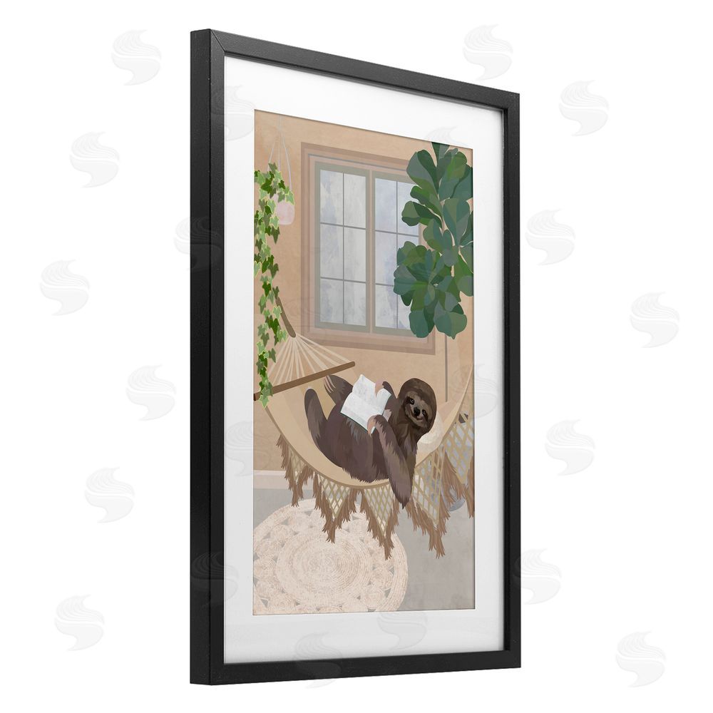 1x Cozy Sloth Reading on Hammock Black Framed Print Under Glass Wall Art