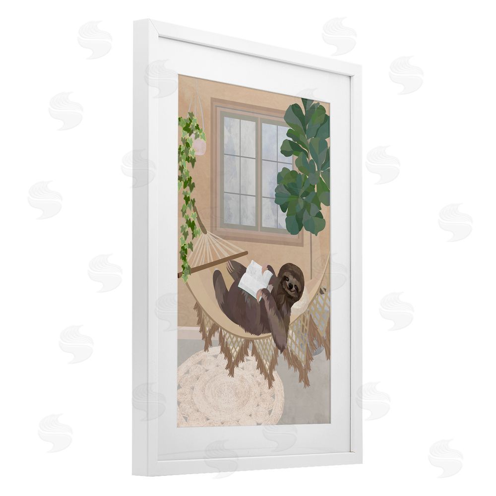 1x Cozy Sloth Reading on Hammock White Framed Print Under Glass Wall Art