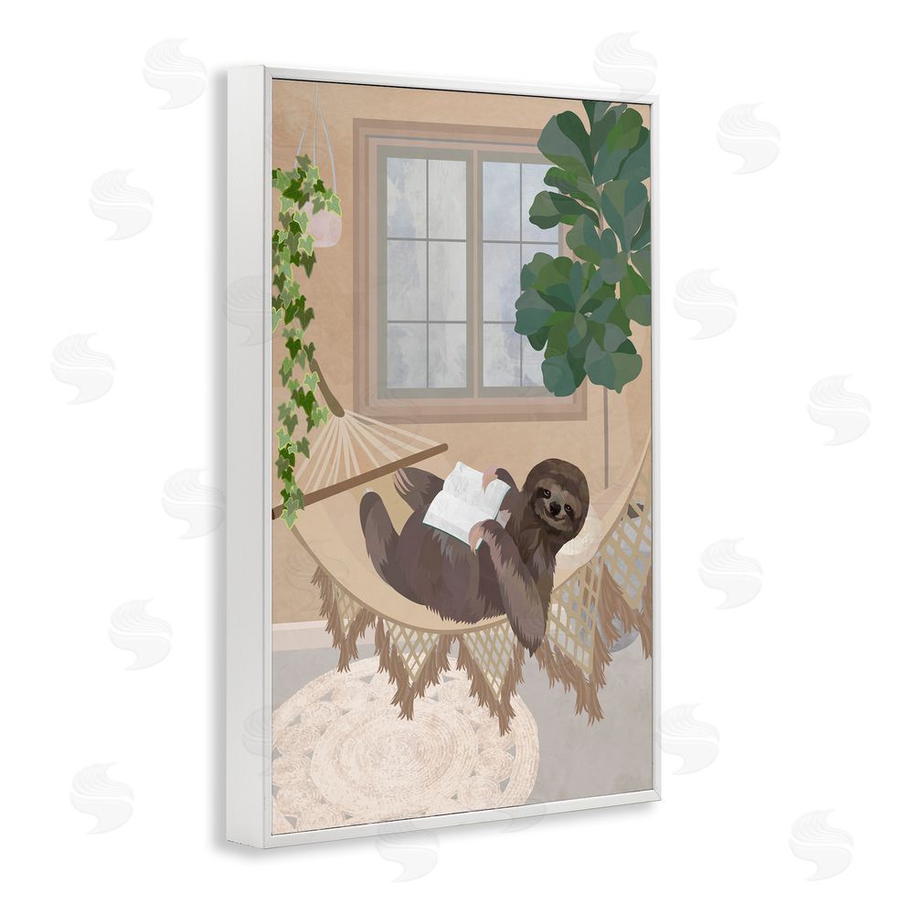 1x Cozy Sloth Reading on Hammock White Framed Giclee Wall Art Print