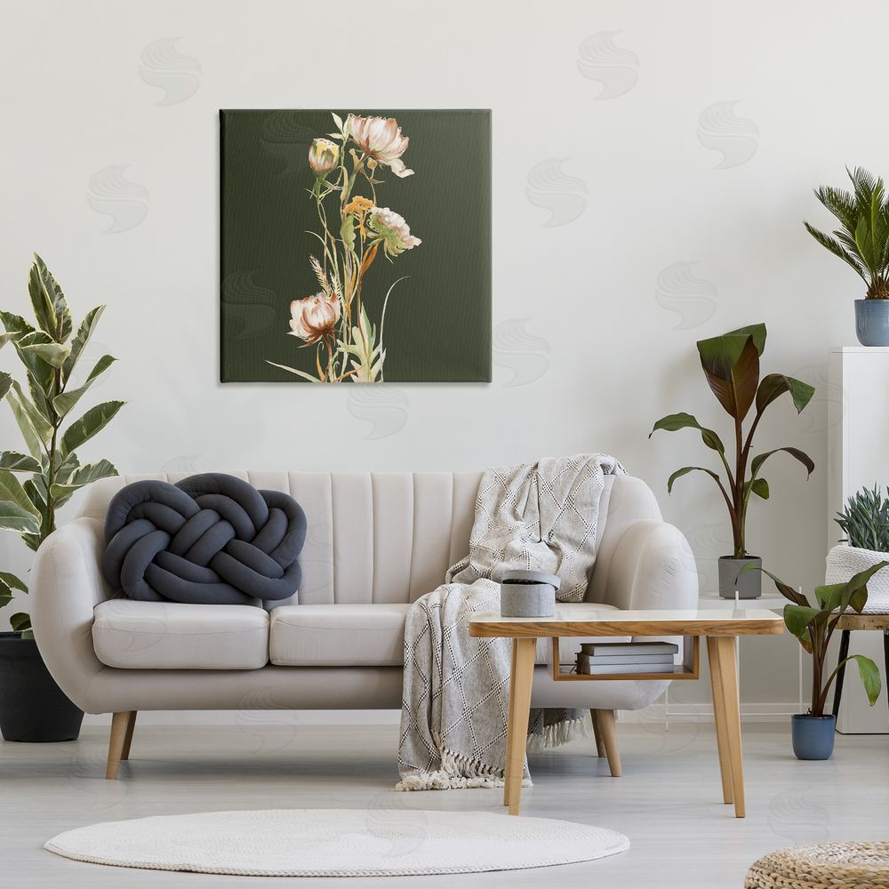 Liz Jardine Serene Wildflower Stem on Olive Stretched Canvas Wall Art in Room