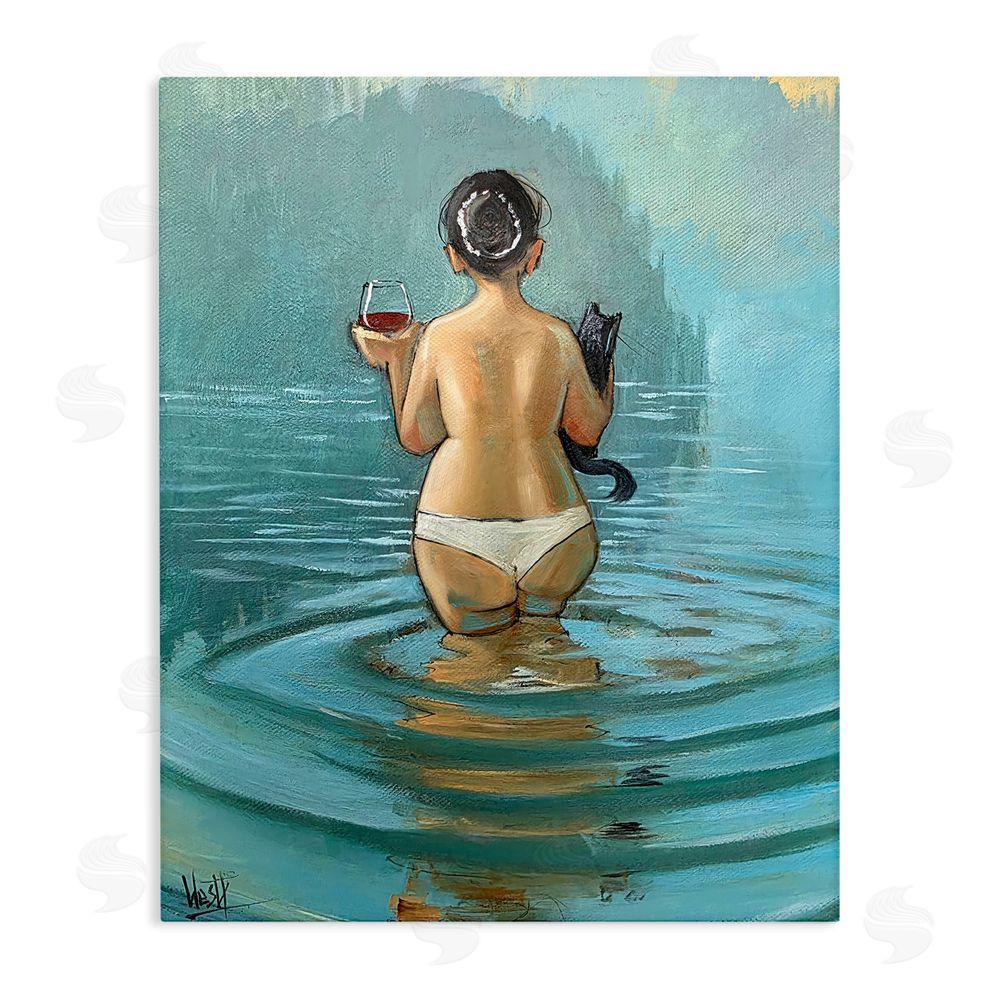 Ronald West Cat & Wine Dip At Twilight Stretched Canvas Wall Art Print
