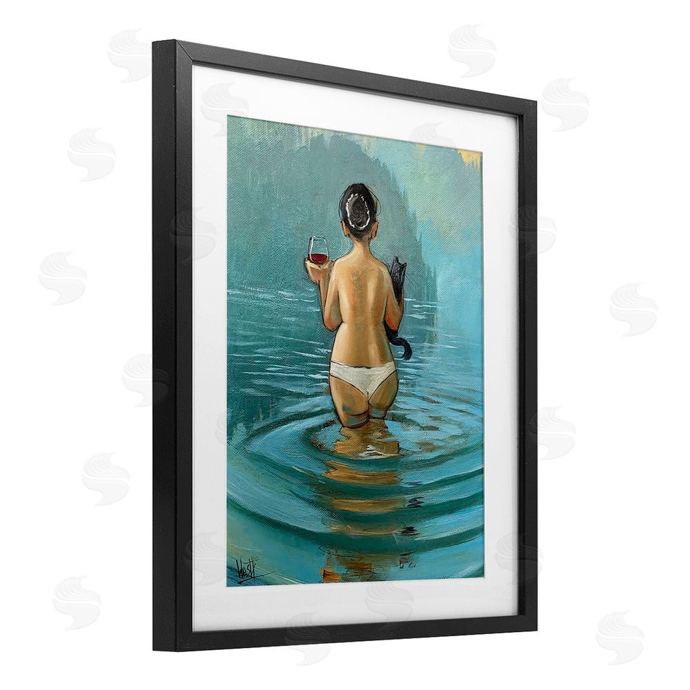 Ronald West Cat & Wine Dip At Twilight Black Framed Print Under Glass Wall Art