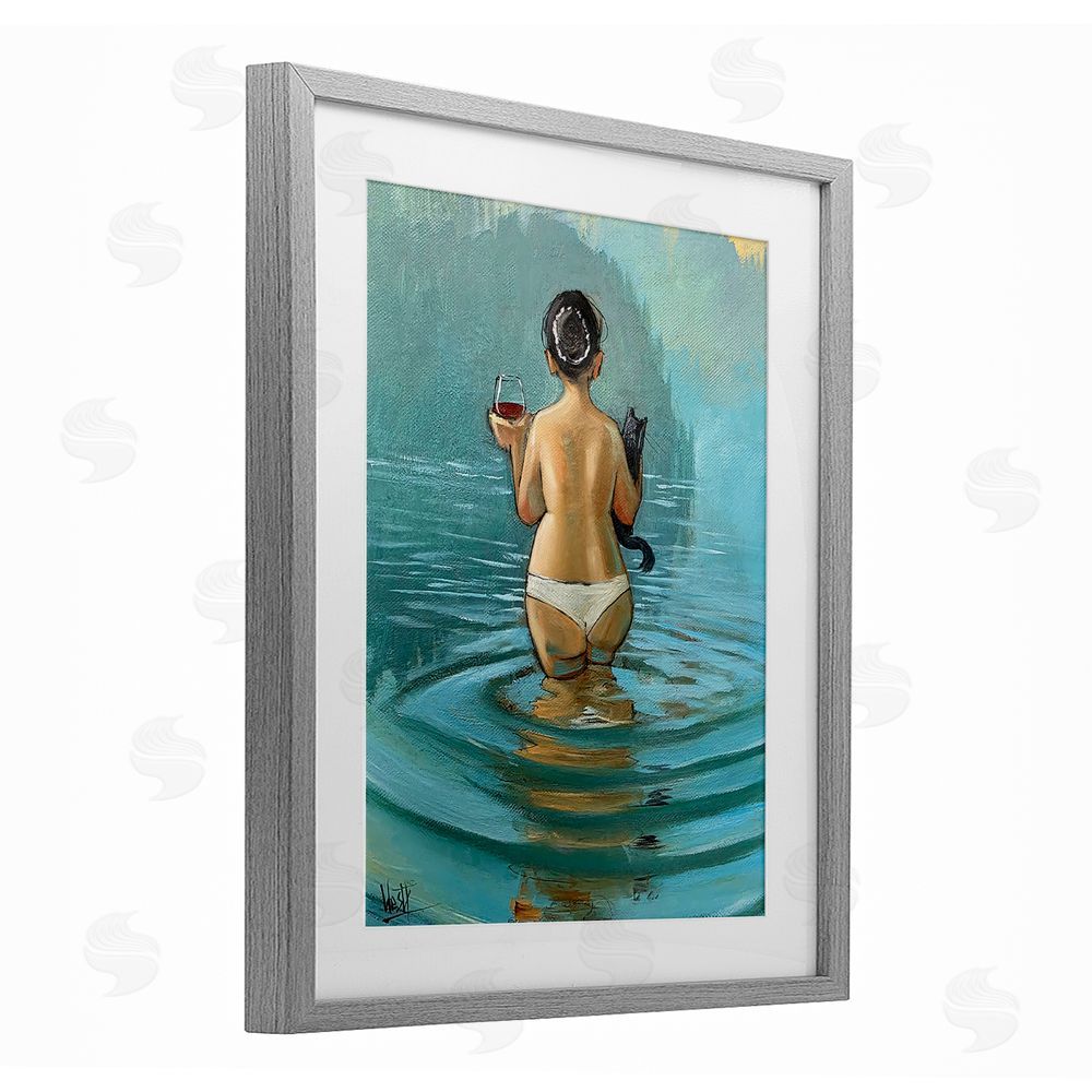 Ronald West Cat & Wine Dip At Twilight Gray Framed Print Under Glass Wall Art