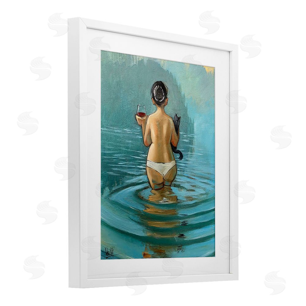 Ronald West Cat & Wine Dip At Twilight White Framed Print Under Glass Wall Art