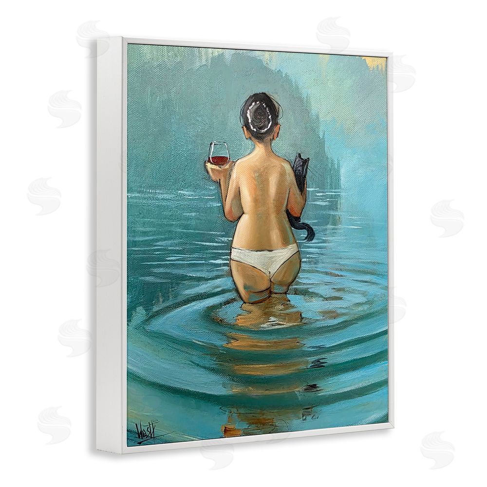 Ronald West Cat & Wine Dip At Twilight White Framed Giclee Wall Art Print