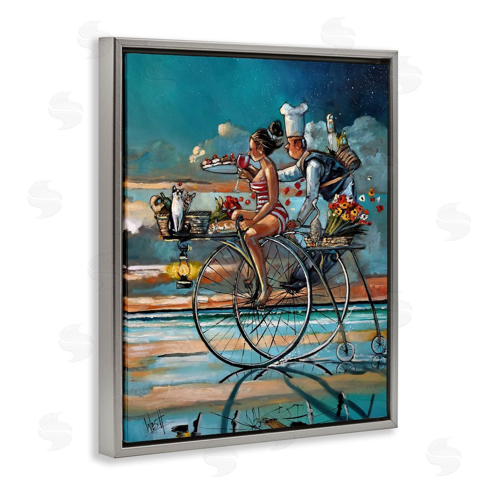 Ronald West Zaan's Dream Seaside Bicycle Ride Gray Floating Frame Stretched Canvas Wall Art Print