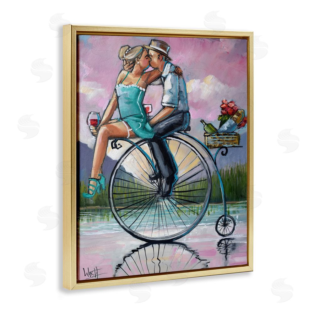 Ronald West Romantic Picnic on Bicycle Gold Floating Frame Canvas Wall Art Print