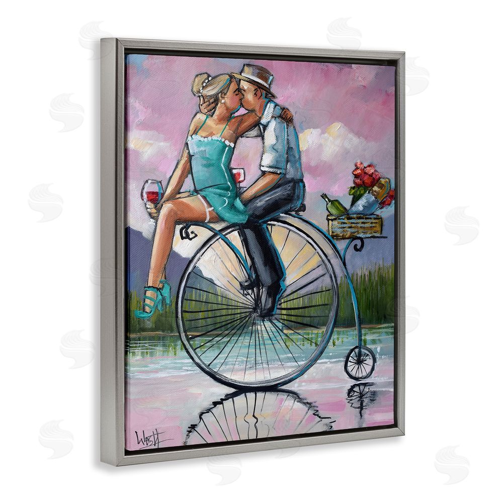 Ronald West Romantic Picnic on Bicycle Gray Floating Frame Canvas Wall Art Print