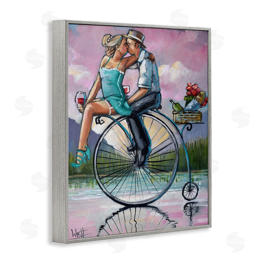 Ronald West Romantic Picnic on Bicycle Gray Framed Giclee Wall Art Print