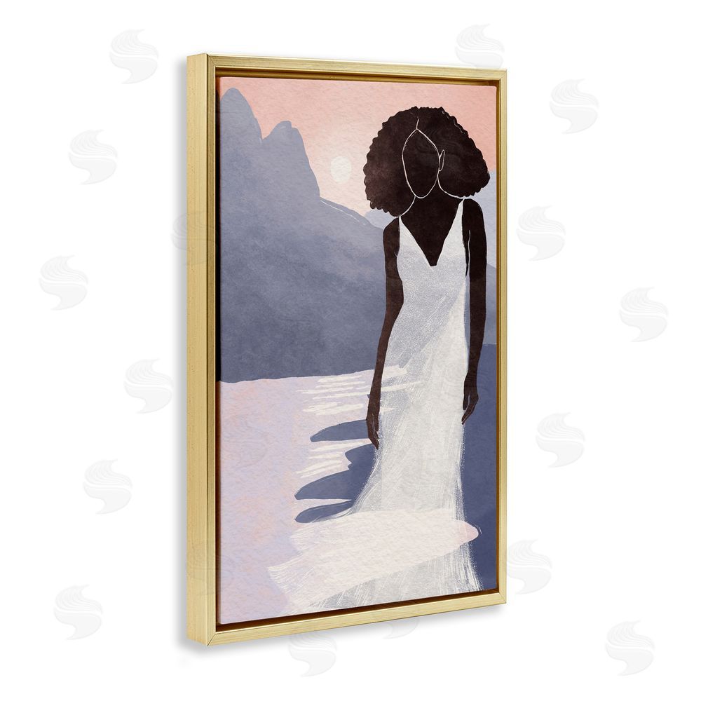 Yuyu Pont White Gown Silhouette at Sunset Gold Floating Frame Canvas Wall Art Print