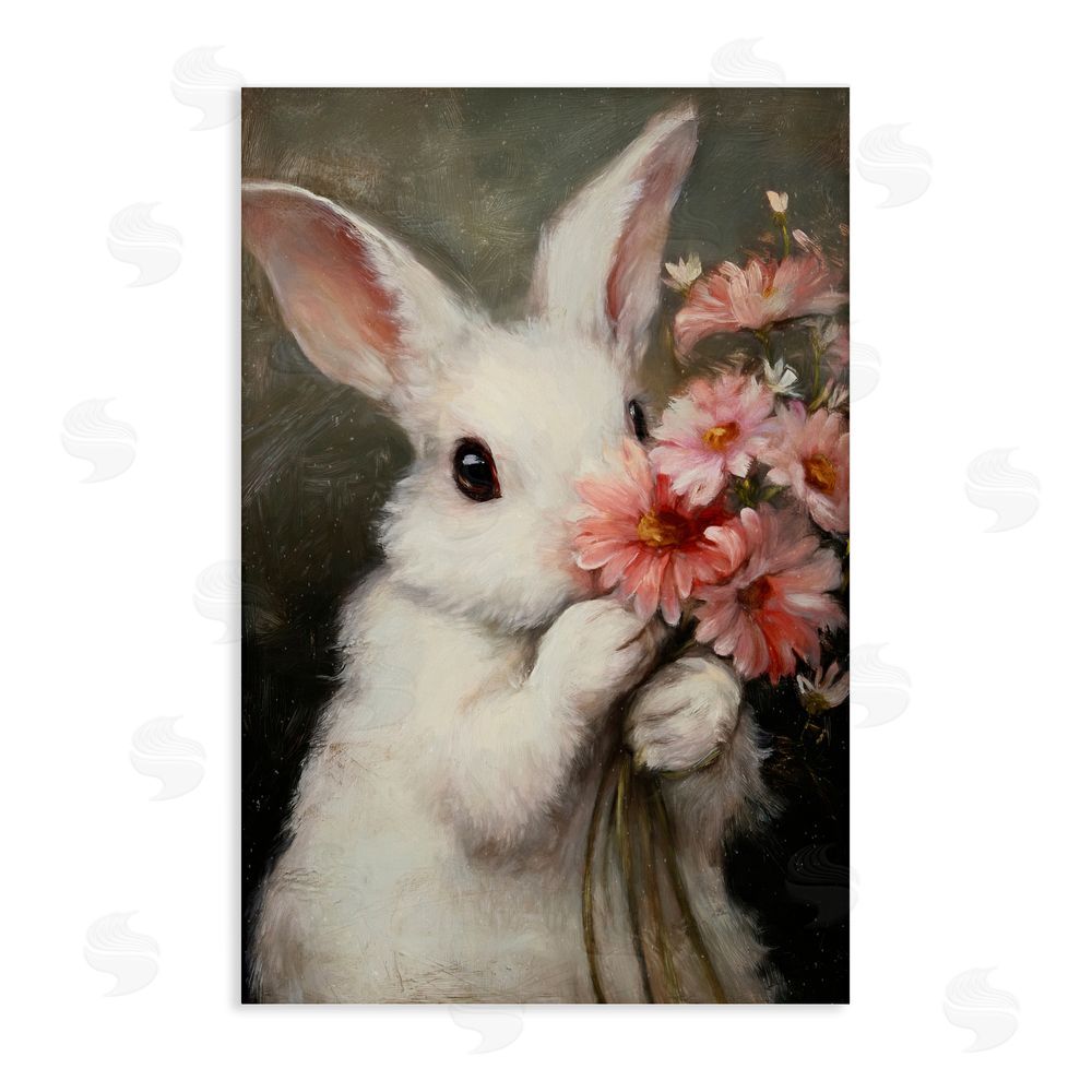 Tina LeCour Bashful Bunny with Pink Blooms Stretched Canvas Wall Art Print