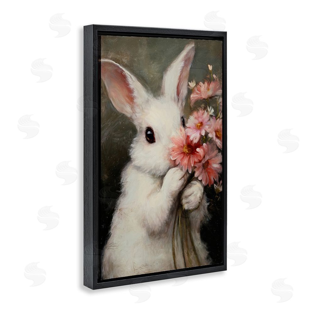 Tina LeCour Bashful Bunny with Pink Blooms Black Floating Frame Canvas Wall Art Print