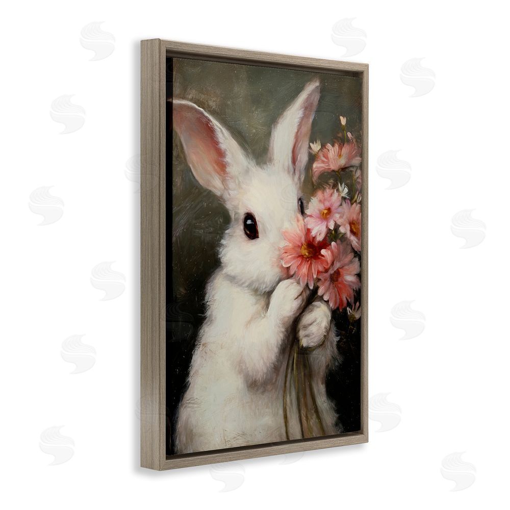Tina LeCour Bashful Bunny with Pink Blooms Brown Floating Frame Canvas Wall Art Print