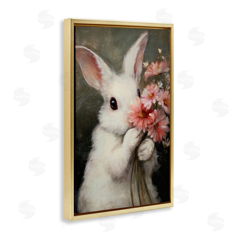 Tina LeCour Bashful Bunny with Pink Blooms Gold Floating Frame Canvas Wall Art Print