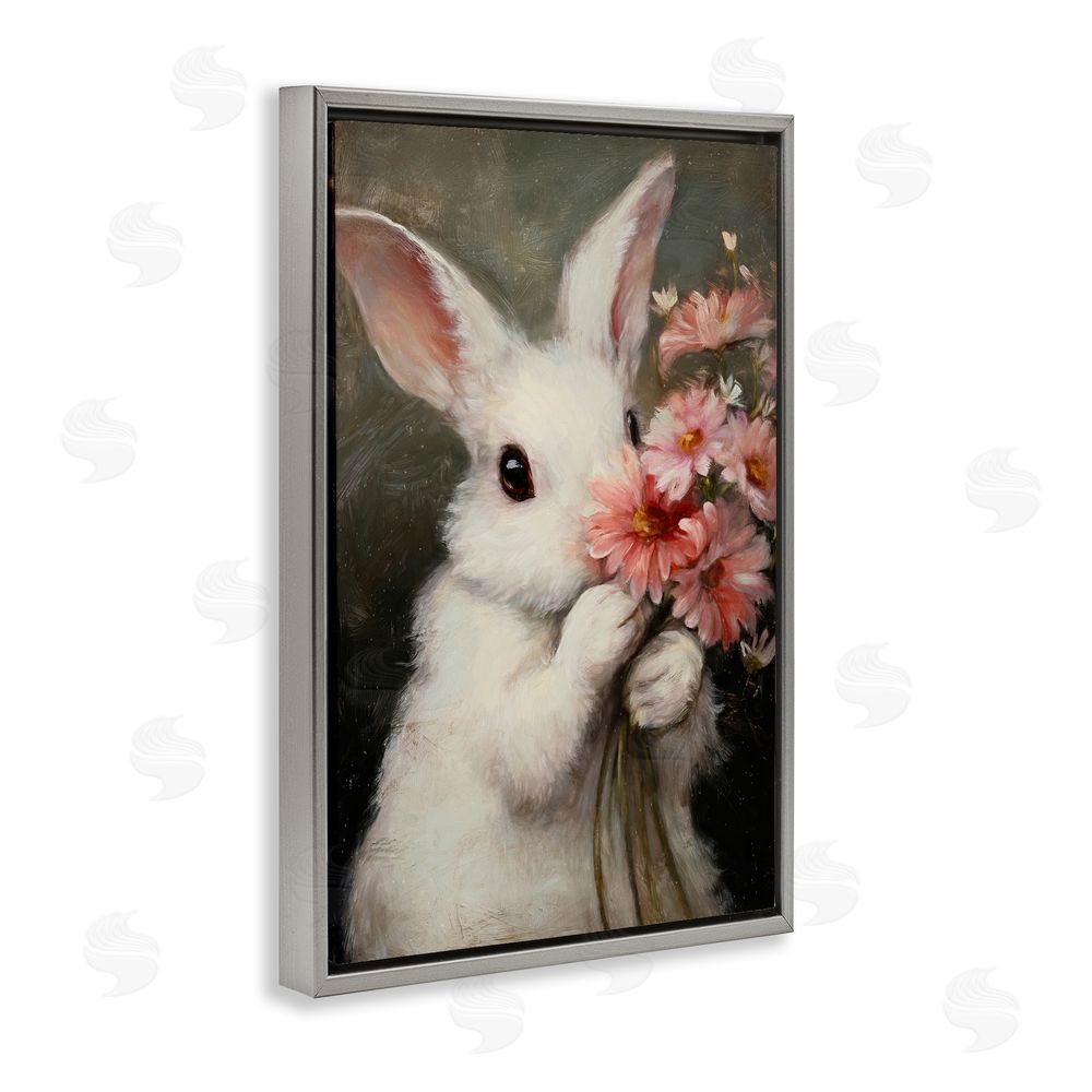 Tina LeCour Bashful Bunny with Pink Blooms Gray Floating Frame Canvas Wall Art Print