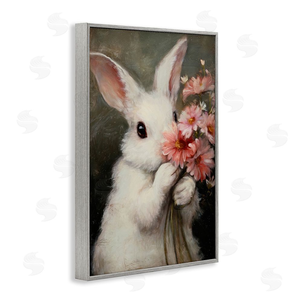 Tina LeCour Bashful Bunny with Pink Blooms Gray Framed Giclee Wall Art Print