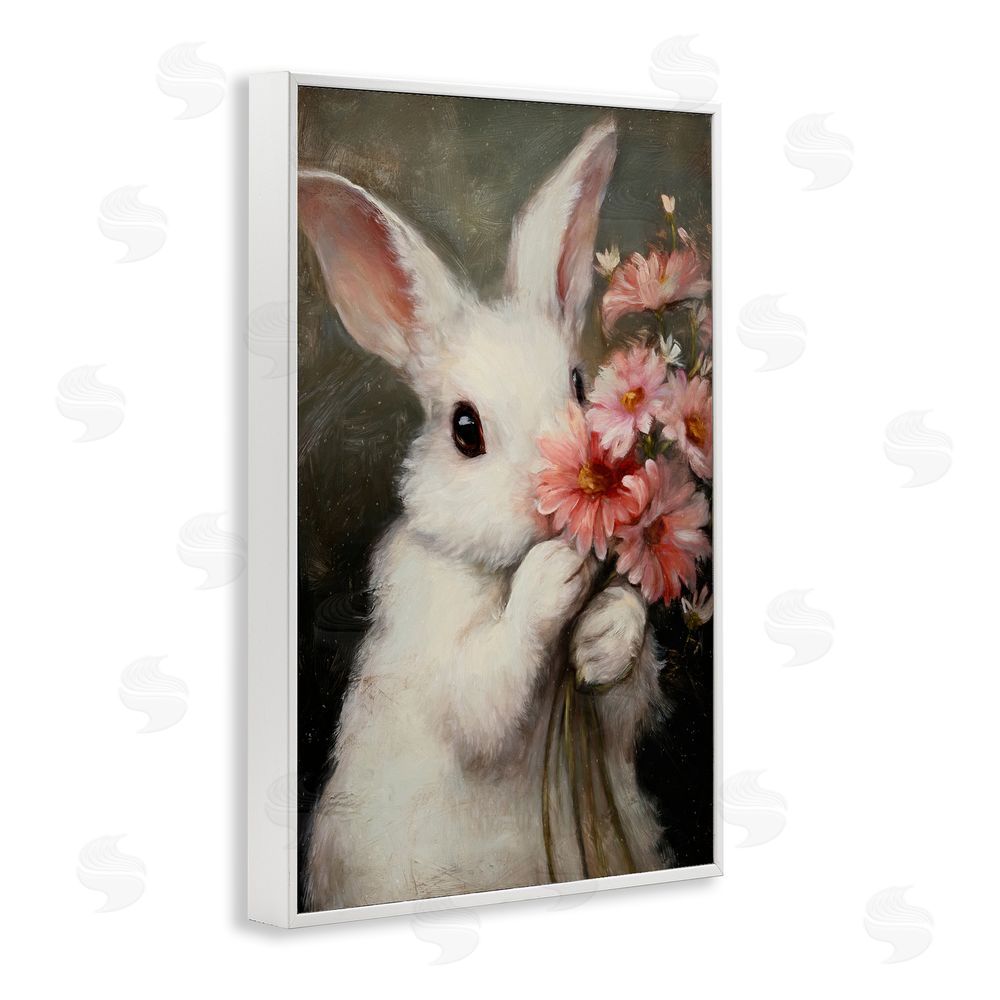 Tina LeCour Bashful Bunny with Pink Blooms White Framed Giclee Wall Art Print