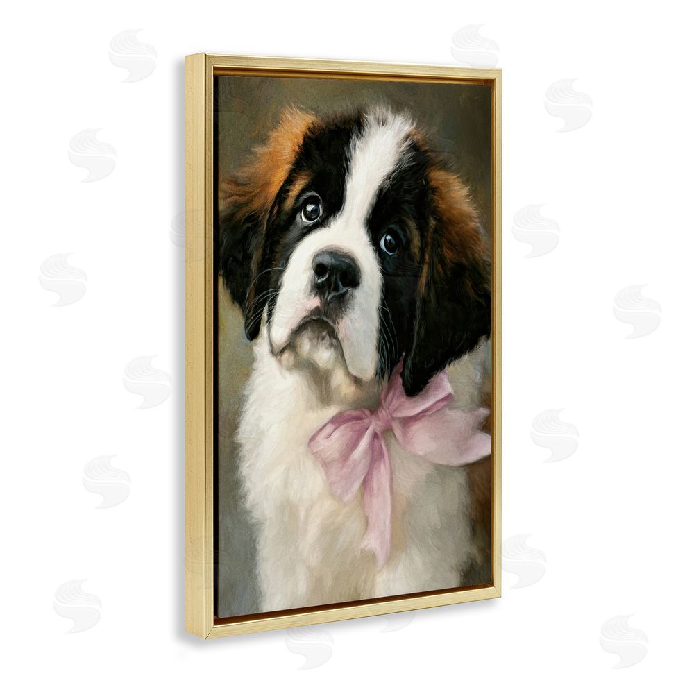 Tina LeCour Bow Tied & Bashful Puppy Gold Floating Frame Canvas Wall Art Print