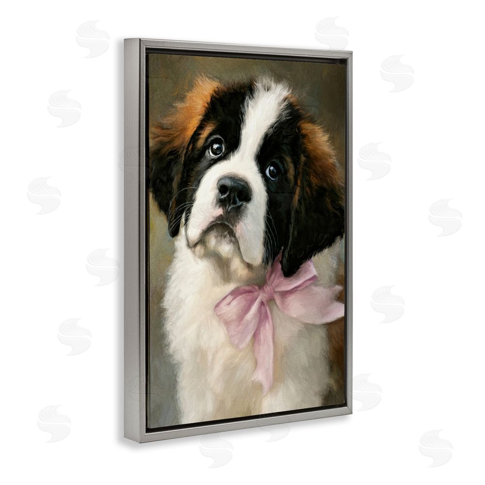 Tina LeCour Bow Tied & Bashful Puppy Gray Floating Frame Canvas Wall Art Print