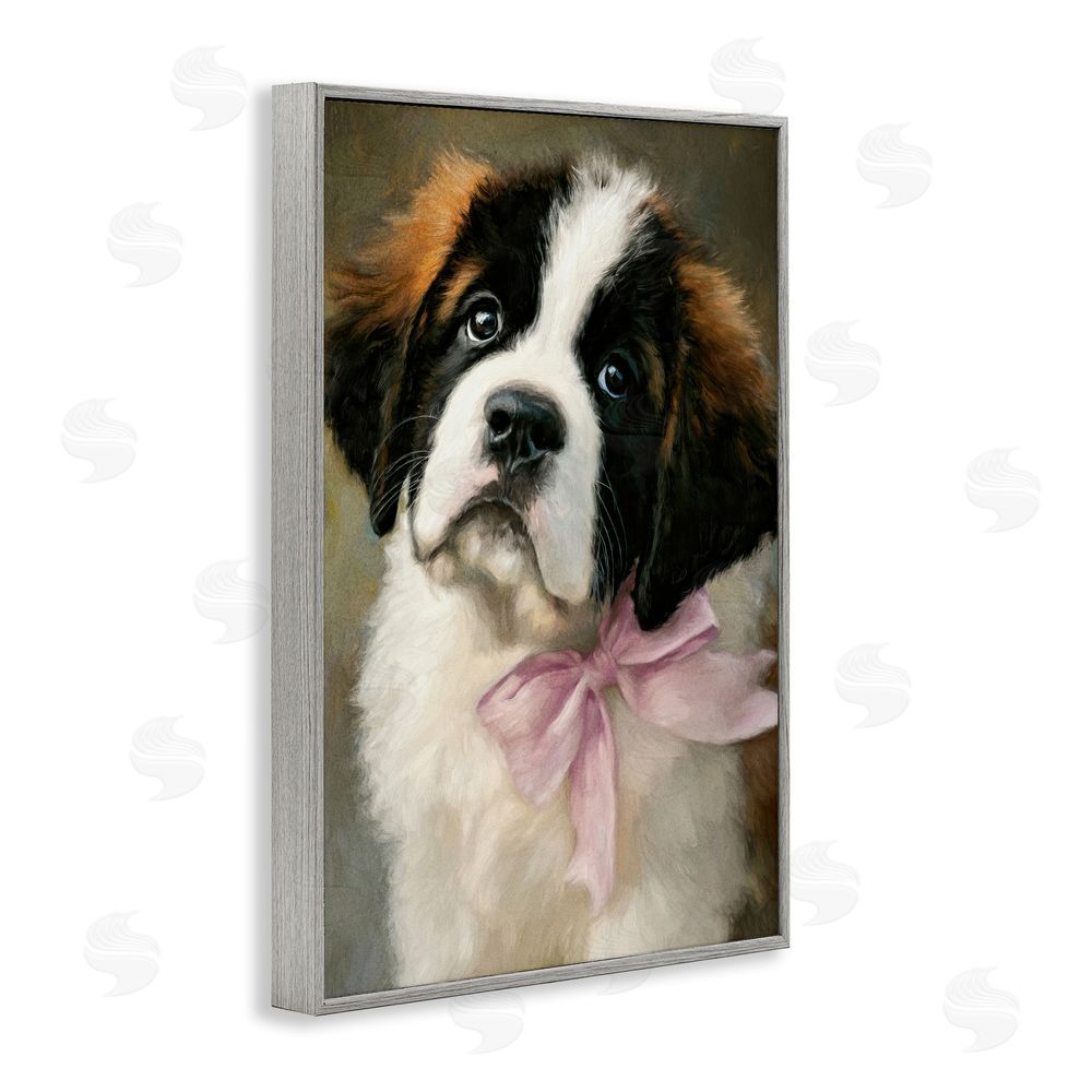 Tina LeCour Bow Tied & Bashful Puppy Gray Framed Giclee Wall Art Print