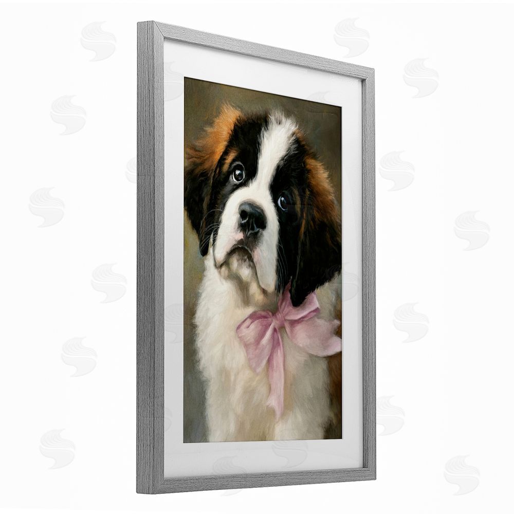 Tina LeCour Bow Tied & Bashful Puppy Gray Framed Print Under Glass Wall Art