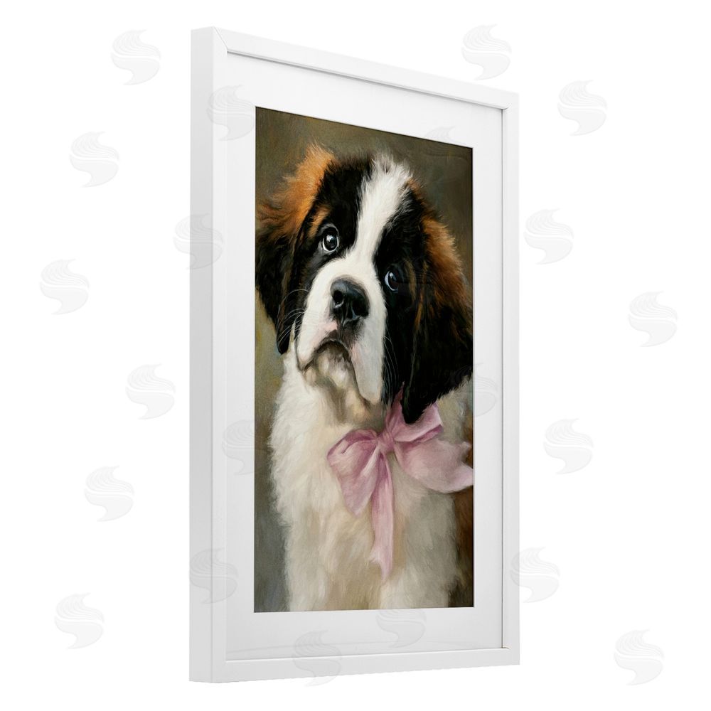 Tina LeCour Bow Tied & Bashful Puppy White Framed Print Under Glass Wall Art