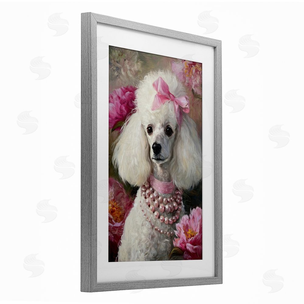 Tina LeCour Petals & Pearls Poodle Gray Framed Print Under Glass Wall Art