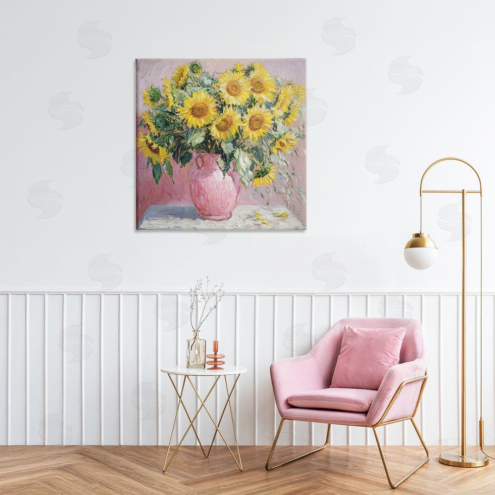 Tina LeCour Sunflowers In Pink Vase Impression Stretched Canvas Wall Art in Room