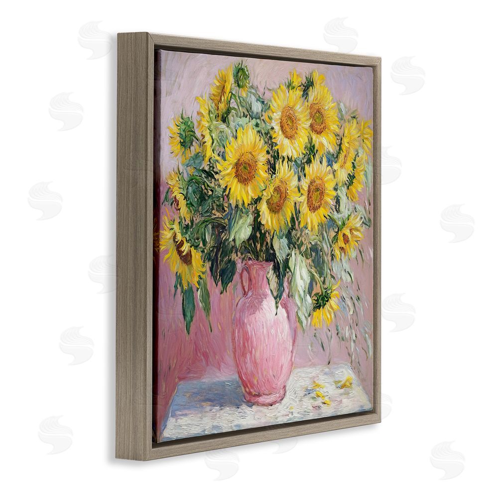 Tina LeCour Sunflowers In Pink Vase Impression Brown Floating Frame Canvas Wall Art Print