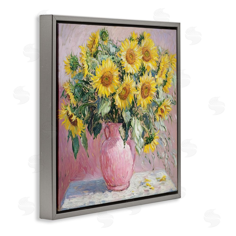 Tina LeCour Sunflowers In Pink Vase Impression Gray Floating Frame Canvas Wall Art Print