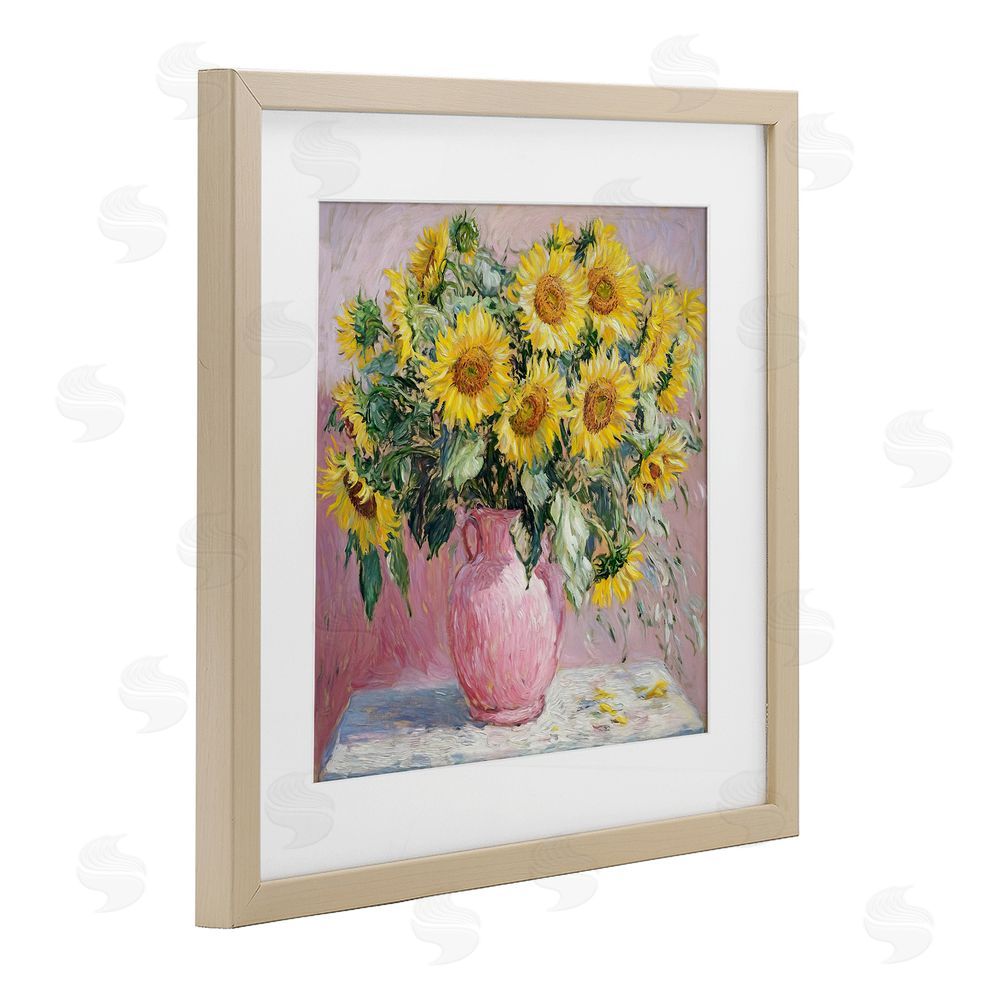 Tina LeCour Sunflowers In Pink Vase Impression Brown Framed Print Under Glass Wall Art